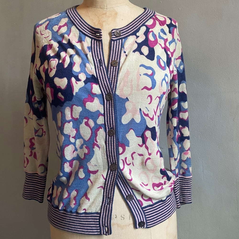 Diane Von Furstenberg Summer Cashmere Short Sleeve Print Vintage Cardigan Small